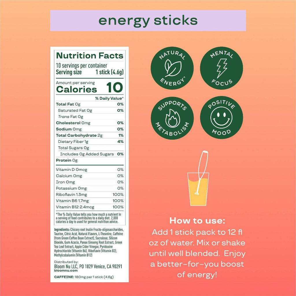 Bloom Nutrition Energy Sticks- Peach Mango 10pk