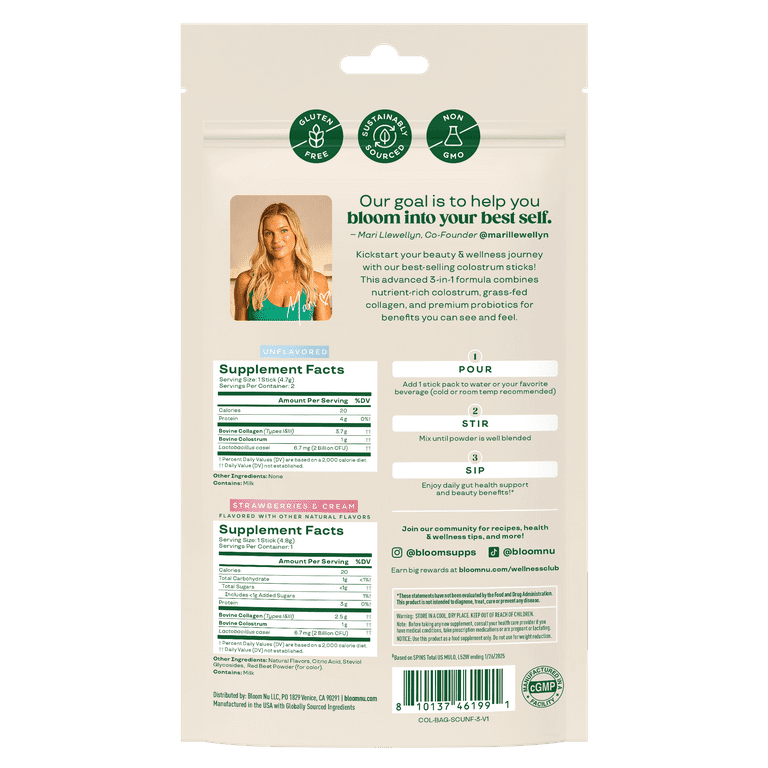 Bloom Nutrition Colostrum & Collagen Peptides Powder Sticks